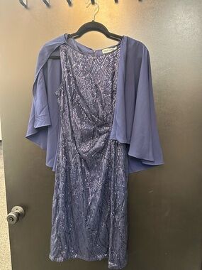 Grace Karin Navy Sequin Midi Dress with Sheer Capelet